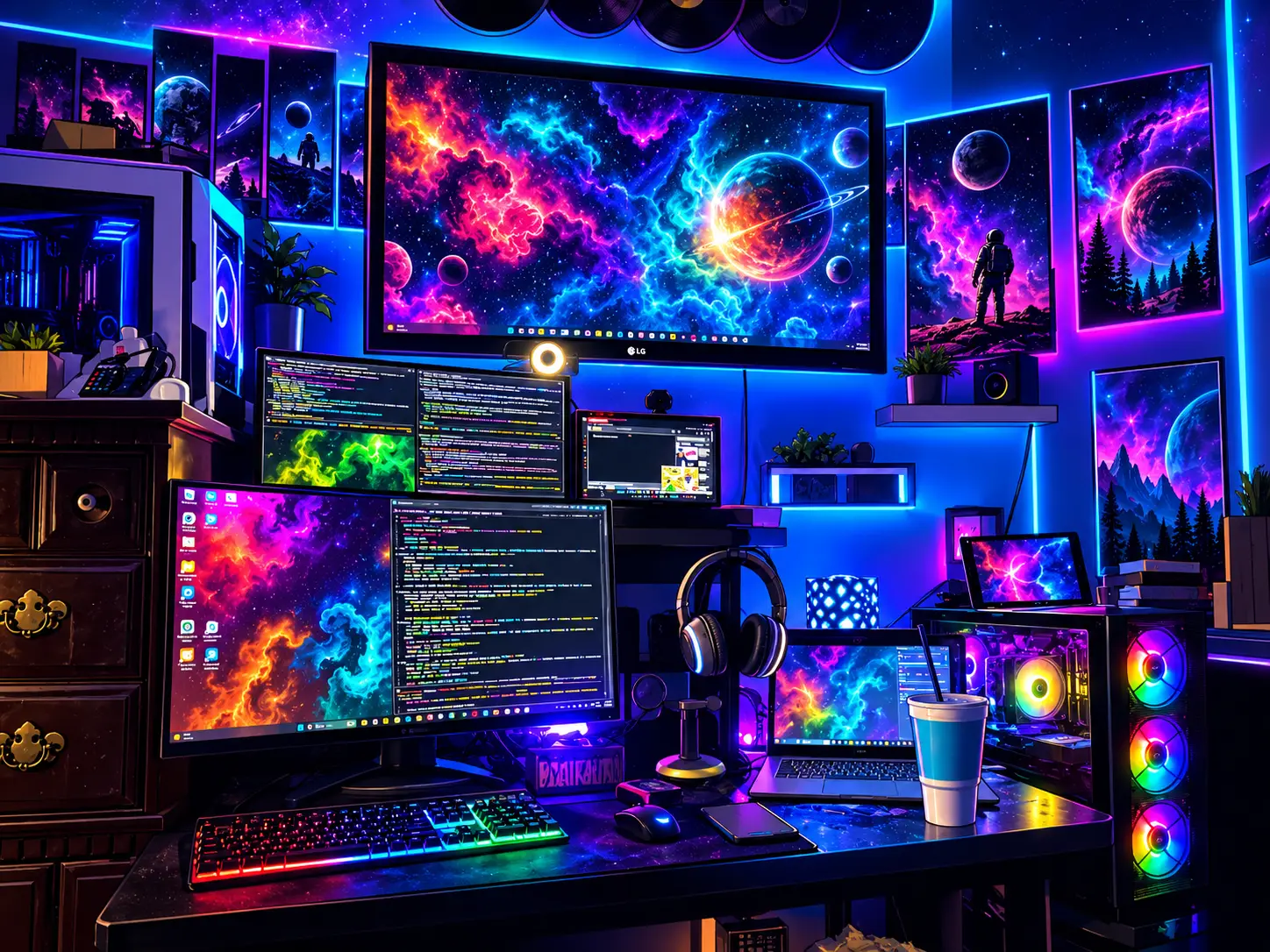 The same bench at night: three monitors showing code and a nebula wallpaper, a backlit keyboard, headphones on a stand, an RGB tower and framed space prints under blue and magenta lighting.