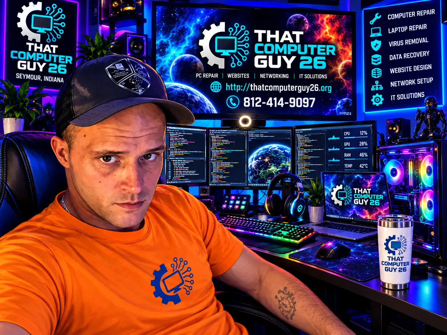 Gary at the workbench in a That Computer Guy 26 shirt and cap, in front of a multi-monitor setup and a banner reading PC repair, websites, networking and IT solutions, with the phone number 812-414-9097.