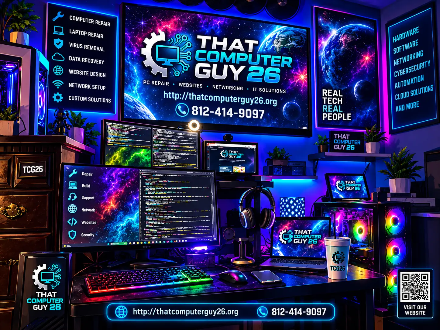 The workshop: a multi-monitor bench running code and diagnostics, a custom RGB tower, and wall displays listing computer repair, laptop repair, virus removal, data recovery, website design and network setup.