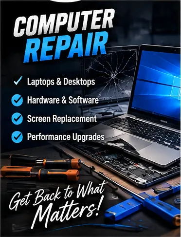 Computer repair: laptops and desktops, hardware and software, screen replacement, performance upgrades. Get back to what matters.