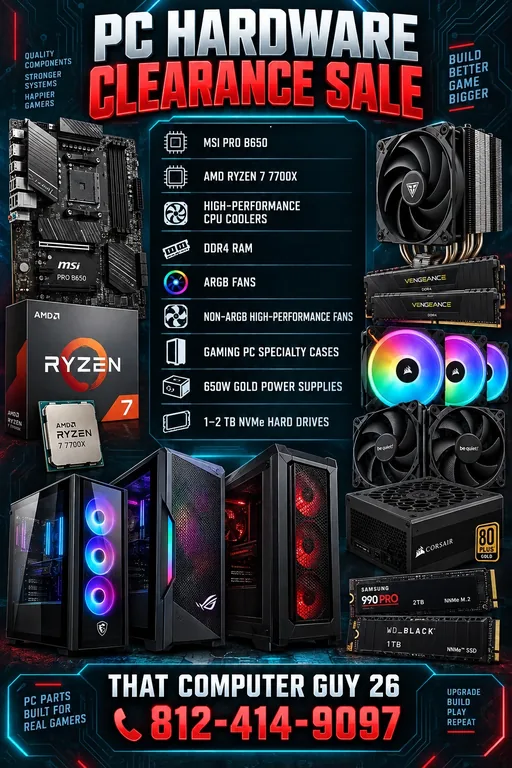 PC hardware clearance sale: MSI Pro B650, AMD Ryzen 7 7700X, CPU coolers, DDR4, ARGB fans, gaming cases, 650W Gold power supplies, 1–2 TB NVMe drives.