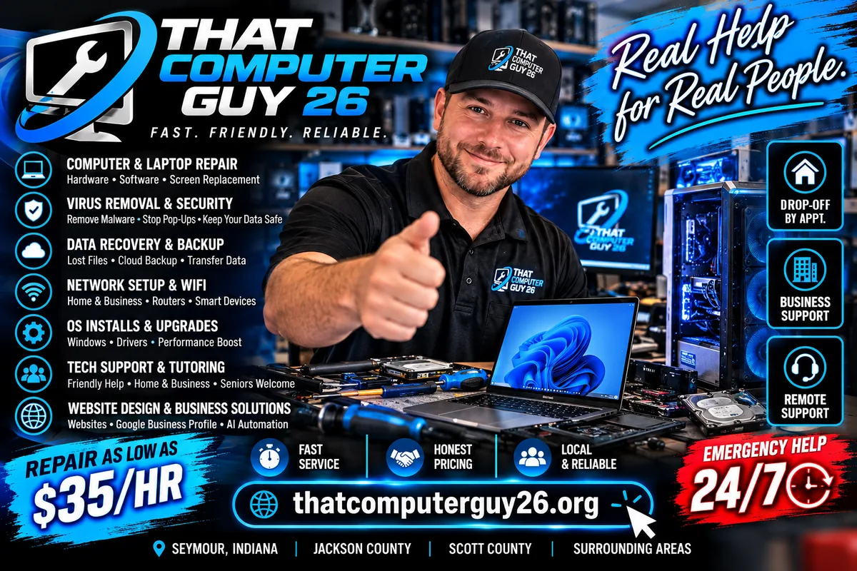 That Computer Guy 26 flyer: computer and laptop repair, virus removal and security, data recovery and backup, network setup and Wi-Fi, OS installs and upgrades, tech support and tutoring (seniors welcome), website design and business solutions. Home drop-off by appointment, business support, remote support. Repair as low as $35/hr, emergency help 24/7. Seymour, Indiana; Jackson County; Scott County; surrounding areas.